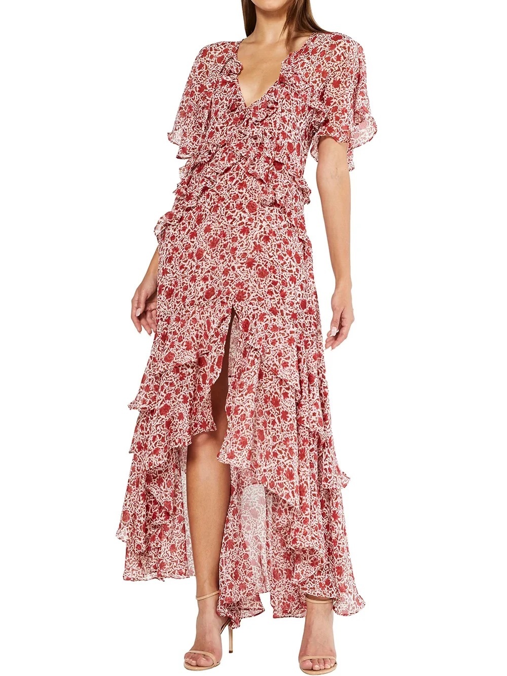 MISA Los Angeles Red Katerina Maxi Dress Size M Floral Ruffle